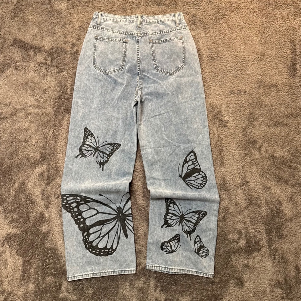 Women Light Wash Butterfly Graphic Wide Leg Jeans Size L 8/10 Streetwear